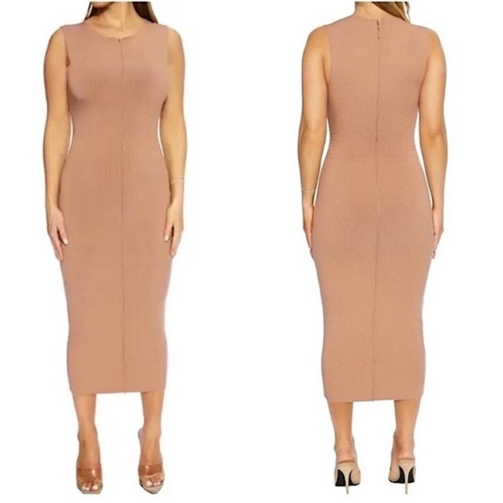 NAKED WARDROBE TAN RIBBED MIDI DRESS